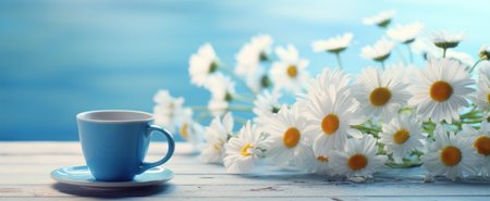 a blue cup with daisies on a wooden table.の素材