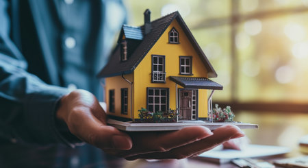 a business man hands over a paper model with a house model.の素材