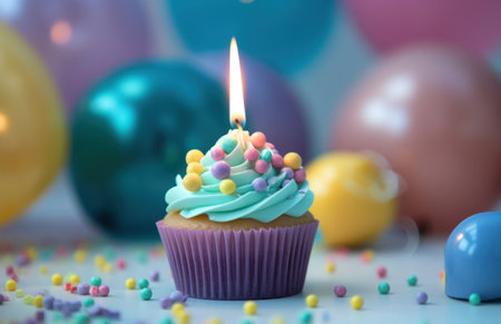 a cupcake with a birthday candle and other toys.の素材