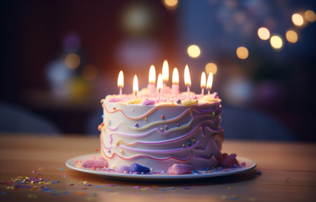 a candlelit cake with lights on it.の素材