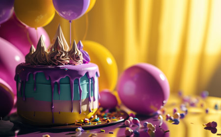 a colorful birthday cake sitting next to balloons.の素材