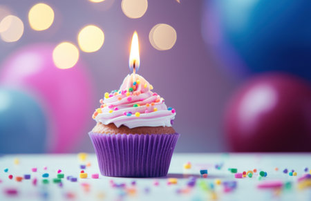 a cupcake with a lone candle sitting by a table with some colorful balloons.の素材