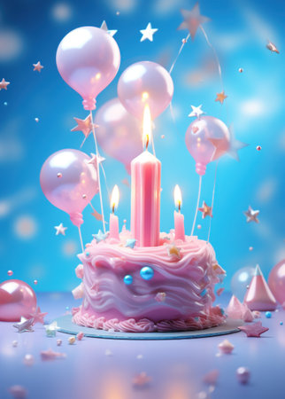 a pink birthday candle cake is surrounded by stars and balloons.の素材