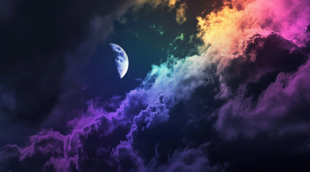 a rainbow cloud is being lit up by the light of moon color cloud.の素材