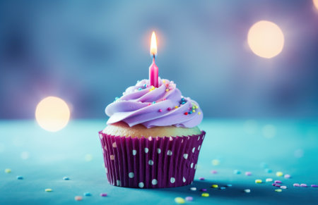 a red birthday cupcake with a candle in front of white circles.の素材