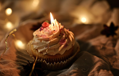 a pretty small cupcake is lit up with a candle.の素材