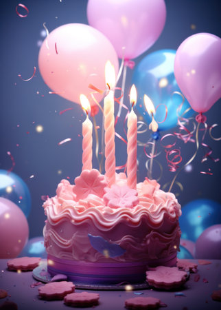 a pink birthday candle cake is surrounded by stars and balloons.の素材