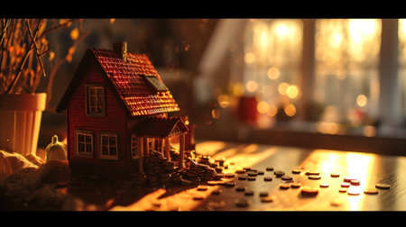 a small house and a pile of coins on a desk.の素材