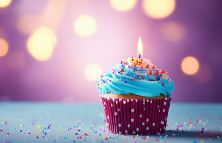 a red birthday cupcake with a candle in front of white circles.の素材