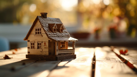 a wooden model of a house sitting on a wooden table.の素材