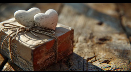 a wooden box with two white hearts tied along with brown paper on a wooden.の素材