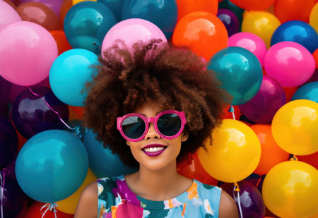 afro haired young girl with glasses and balloons.の素材