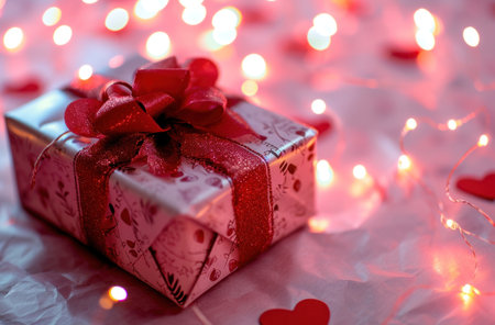 an image of a gift with hearts and red hearts around it.の素材