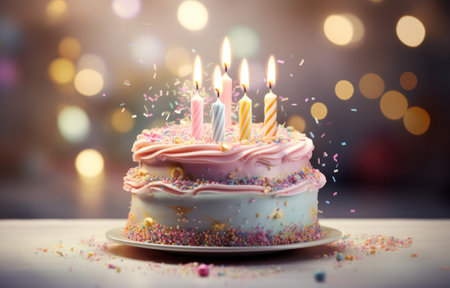 an image showing a birthday cake with candle lights.の素材