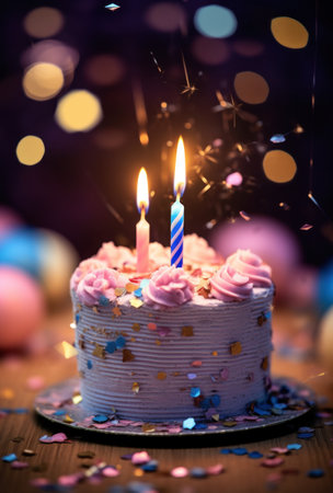 birthday card with beautiful candlelit cake.の素材