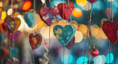 an valentine's day card with colorful heart decorations hanging down behind it.の素材