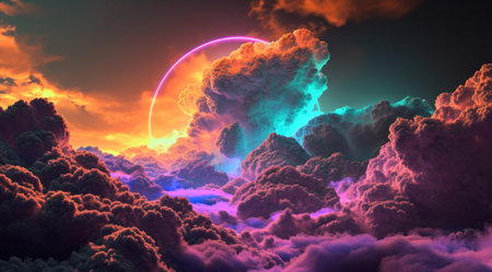 an image of rainbow colored clouds above a dark sky.の素材