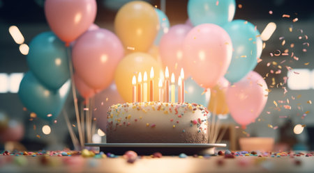 birthday cake with candles and balloons on a table in an office.の素材