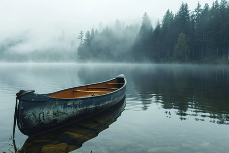 canoe in the water in nature with fog.の素材