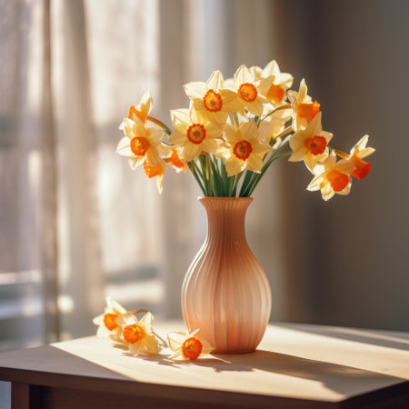 daffodils in a vase by a table.の素材