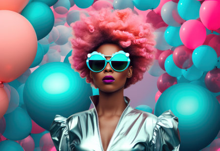 colorful woman with colorful balloons.の素材