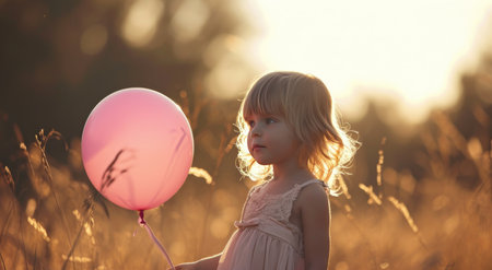 girl with a pink balloon in nature.の素材