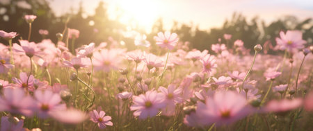 dozens of pretty pink flowers laid down in a field.の素材