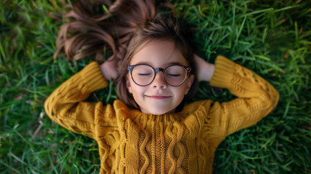A young boy with glasses is laying on the grass in a relaxed position.の素材