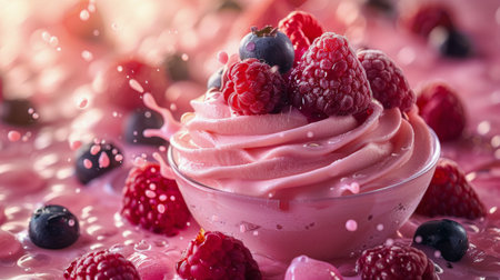 A detailed view of a cupcake topped with fresh raspberries, showing the delicious treats texture and vibrant fruit garnish.の素材