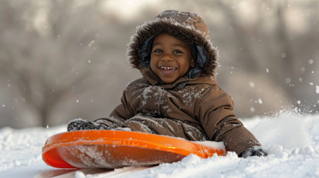 A young girl happily playing in fresh, white snow on a winter day.の素材