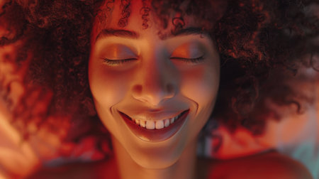 Close-up of a woman with a joyful smile and her eyes shut in contentment.の素材