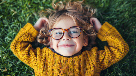 A little girl with spectacles is laying down on the green grass.の素材