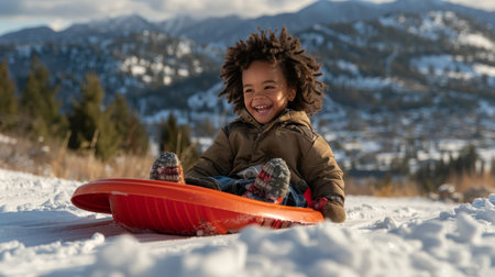 A young child happily sits on a sled in a snowy landscape, enjoying a winter day outdoors.の素材