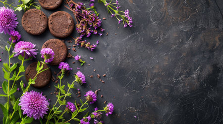 A plate of rich chocolate cake adorned with fresh raspberries and colorful flowers.の素材