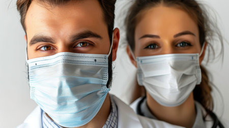 A man and a woman wearing surgical masks to protect from airborne particles. They are standing together.の素材