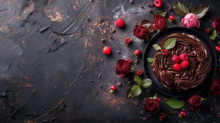 A plate of rich chocolate cake adorned with fresh raspberries and colorful flowers.の素材