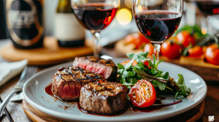 A wooden cutting board topped with a freshly cooked steak accompanied by two glasses of wine.の素材