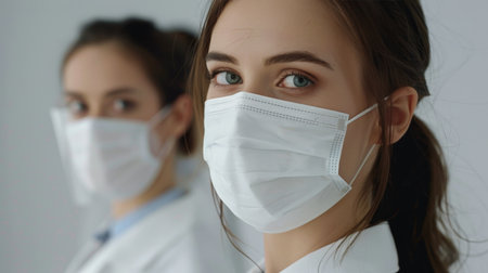 A man and a woman wearing surgical masks to protect from airborne particles. They are standing together.の素材