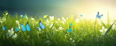 green grass with butterflies and daffodils.の素材
