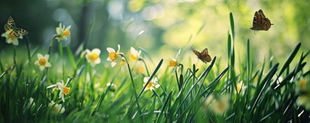 green grass with butterflies and daffodils.の素材