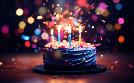 birthday cake with a candle on a background of colorful tinsel.の素材