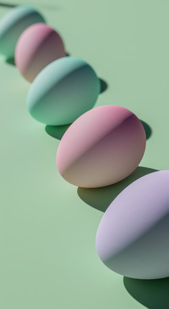 pink, blue and green eggs on a green background.の素材