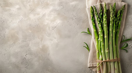 Fresh asparagus bunch tied neatly with string on a white towel.の素材