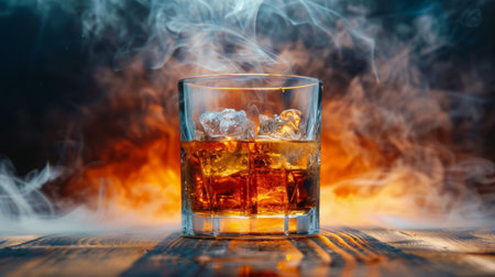 A glass of whiskey with ice cubes placed on a wooden table.の素材