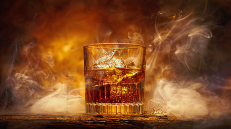 A transparent glass filled with liquid placed on a wooden table.の素材