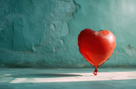 red heart balloon in front of a blue room.の素材