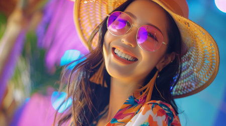 A woman displaying a genuine smile on her face, radiating joy and positivity.の素材