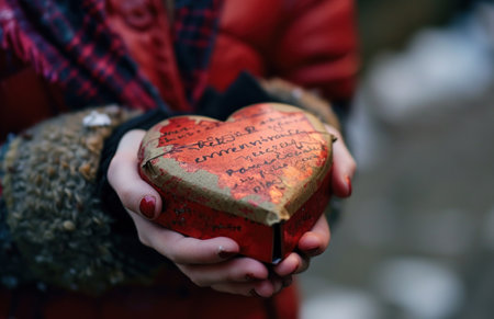 person holding a heart shaped box with text on it.の素材