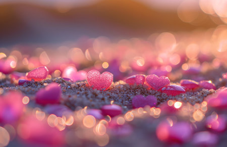 pink hearts and glitter are scattered throughout bright orange sand.の素材