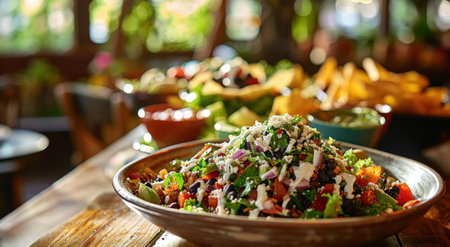 salads are sitting down on a wooden table.の素材